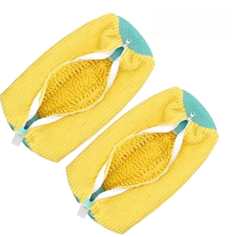 Yellow shoe washing machine bag with a soft bristled cleaning brush set
