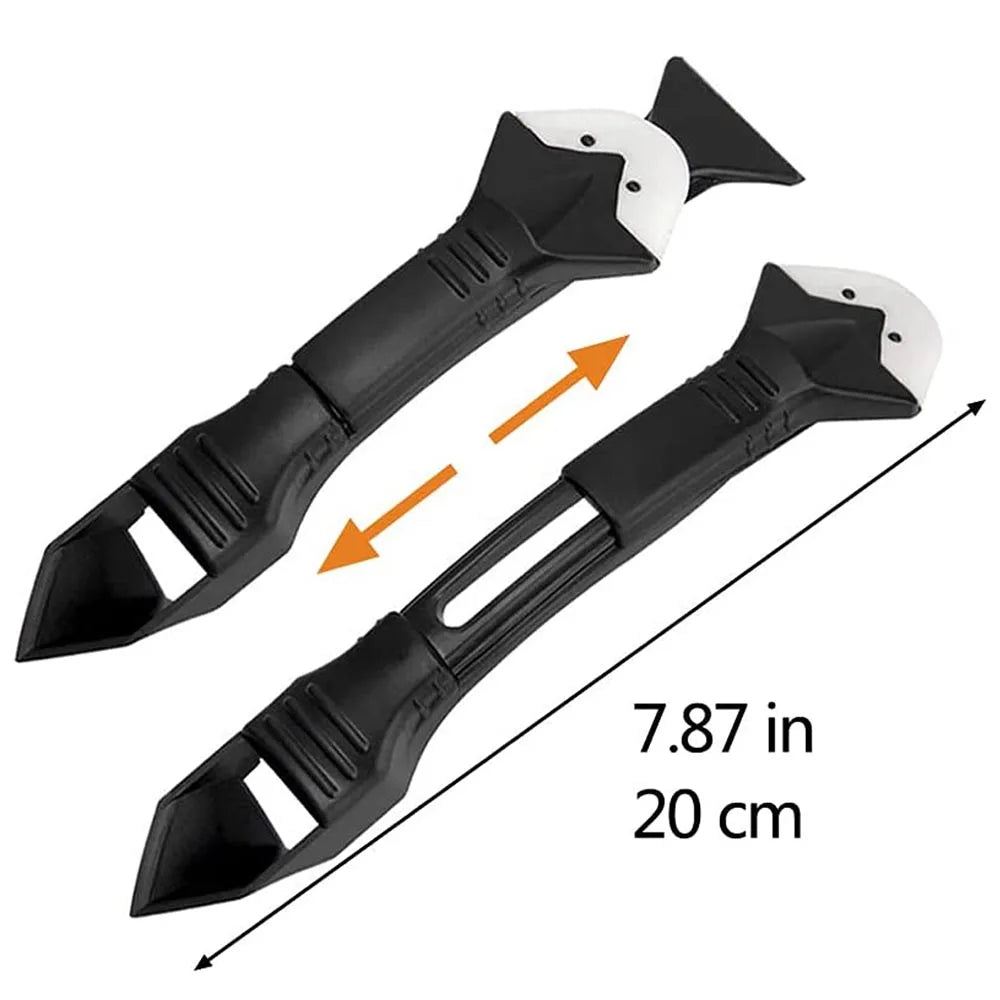 A black multi-purpose caulking and sealing tool kit with a white tip, shown from the side.
