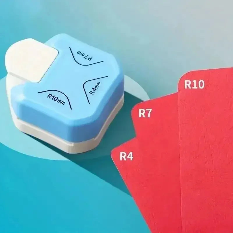 A set of three corner cutters with different radius sizes R4, R7, and R10 shown on a blue surface.