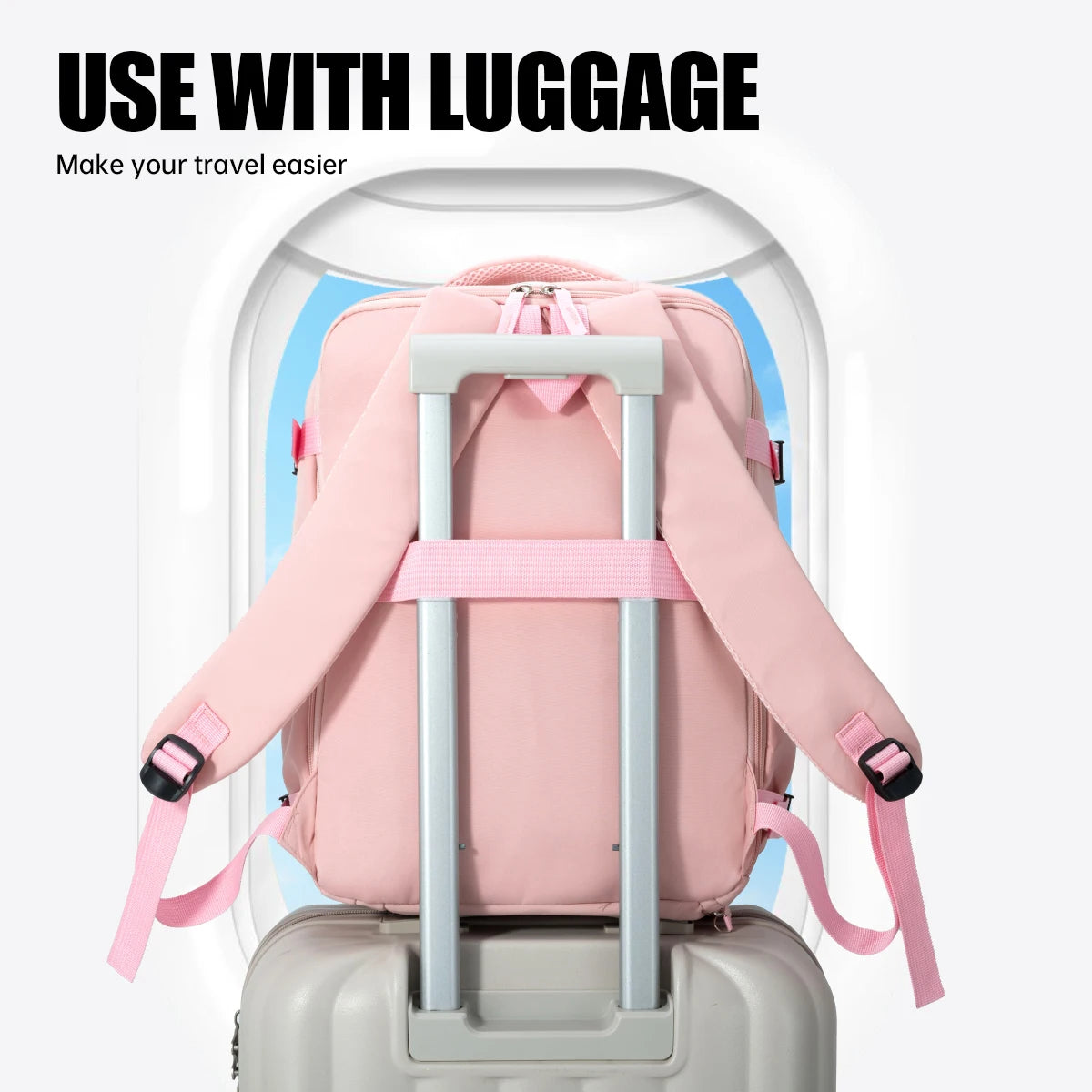 A pink travel backpack is shown being placed inside a gray suitcase, emphasizing ease of travel.