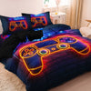 A gamer-themed duvet cover set featuring a print of game controllers and keyboards on dark blue fabric.