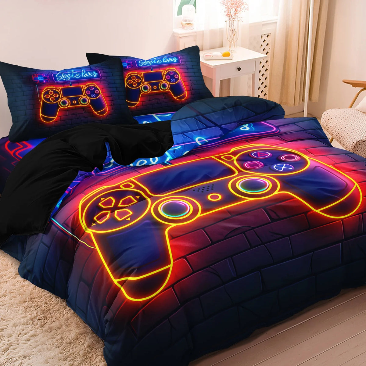 A gamer-themed duvet cover set featuring a print of game controllers and keyboards on dark blue fabric.