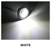 A close-up photo of a bright white round LED side marker light shining forward.
