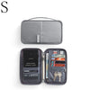 A gray waterproof family passport and document organizer wallet shown open and closed.