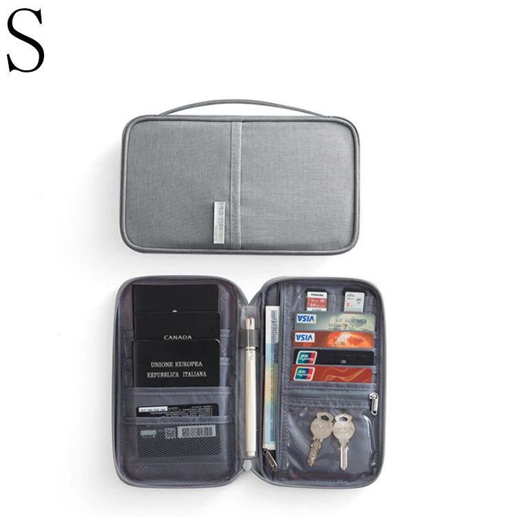 A gray waterproof family passport and document organizer wallet shown open and closed.