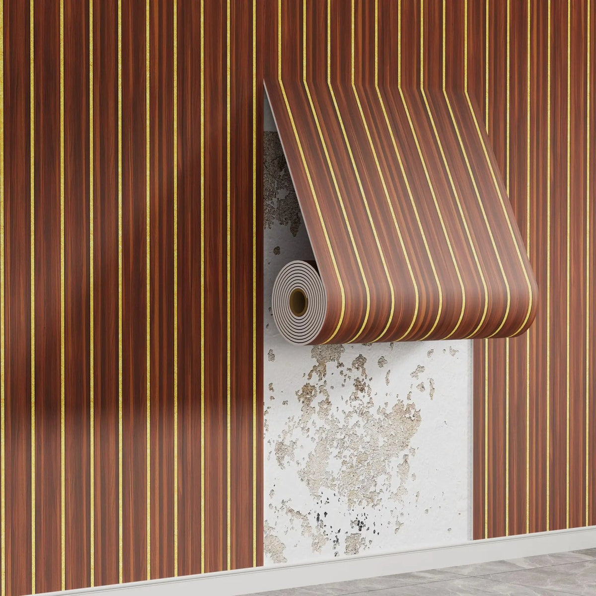 A close-up of wood grain peel-and-stick wall tiles in brown and gold stripes, featuring a rolled-up section.