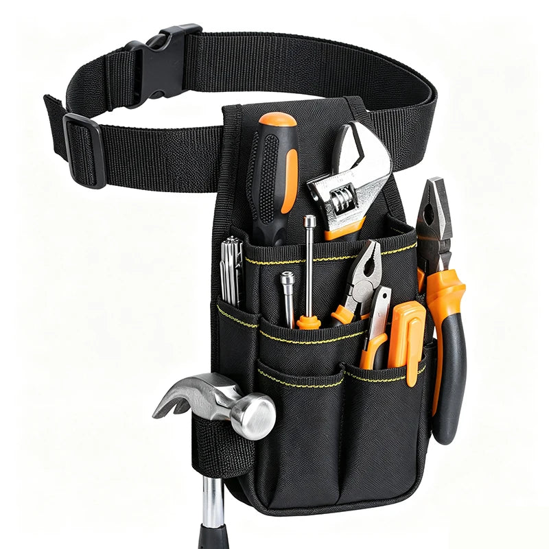 Black adjustable waist tool pouch with multiple pockets and tools attached to a rod