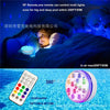 A submersible LED pool light is shown with a remote control, capable of 360-degree illumination underwater.