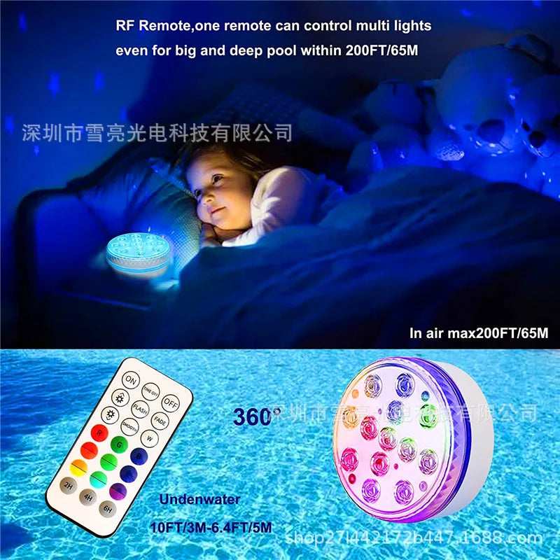 A submersible LED pool light is shown with a remote control, capable of 360-degree illumination underwater.