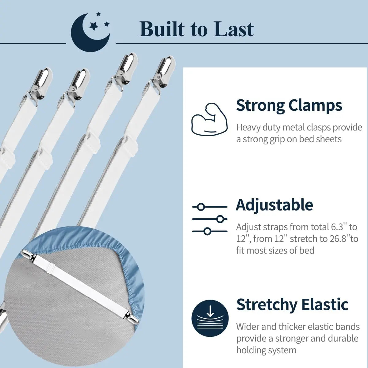 A set of adjustable bed sheet grippers with strong metal clamps and stretchy elastic bands shown next to a bed cushion.