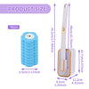 A blue disposable toilet brush kit with a wall-mounted holder and refill heads shown with dimensions.