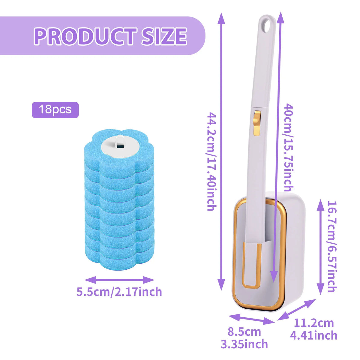 A blue disposable toilet brush kit with a wall-mounted holder and refill heads shown with dimensions.