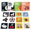 A collection of black and white high-contrast baby vision trigger cards featuring various objects like a cat, a lion, a water