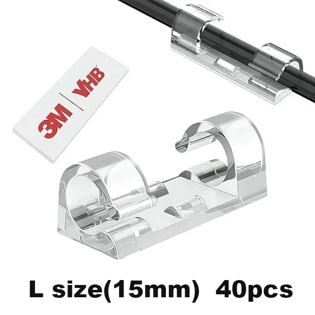 Clear plastic self-adhesive cable clips in L size (15mm) sold in a pack of 40.