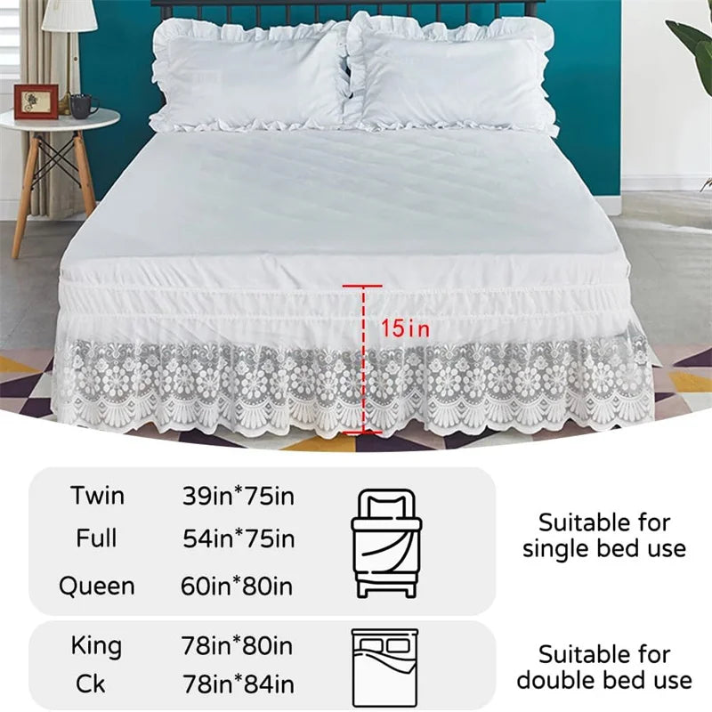 White ruffled lace bed skirt shown on a bed, with size options for twin, full, queen, and king beds.