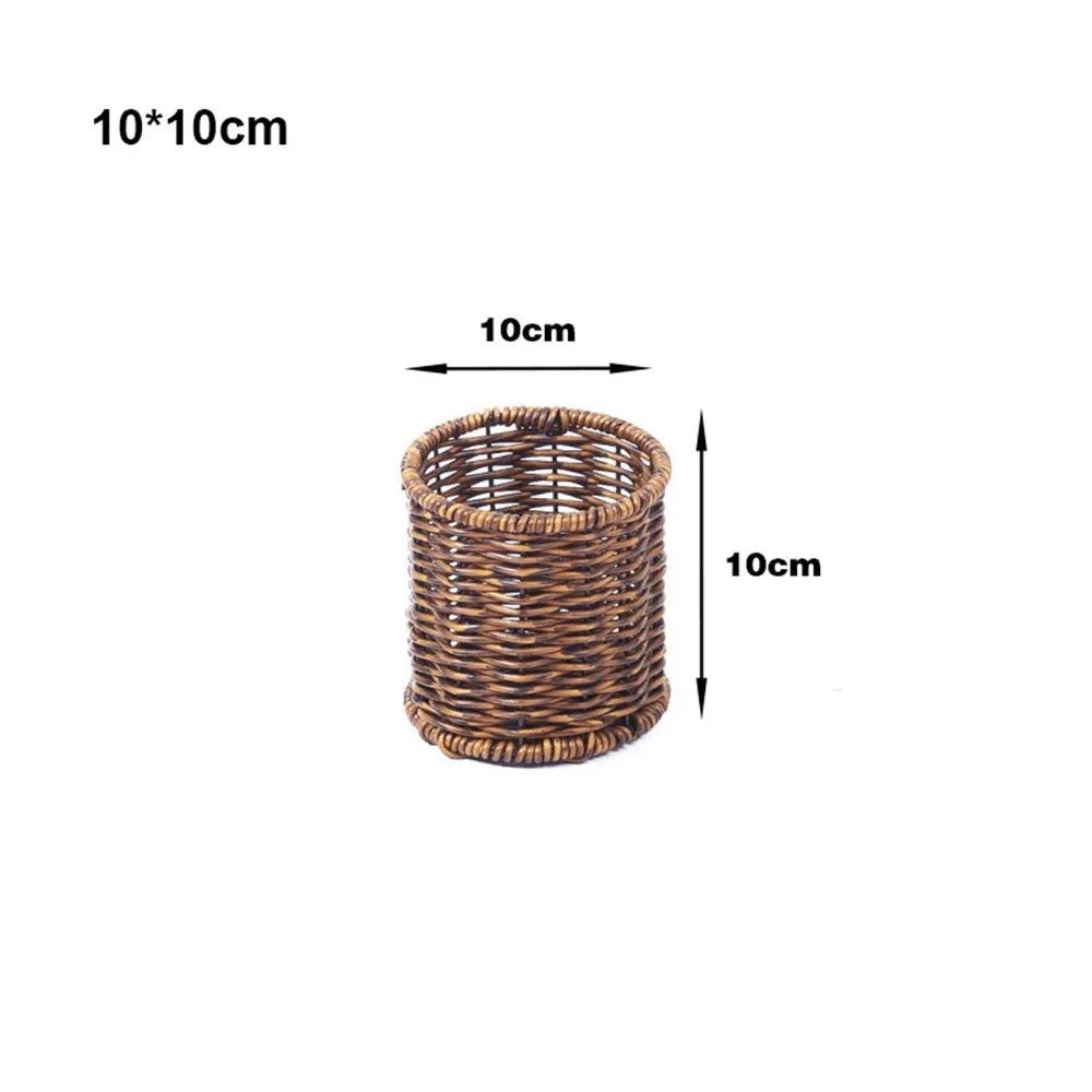 A round, brown handwoven wicker serving basket with a woven texture.