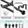 Two black aluminum curtain rod brackets and a rod with a plastic buckle design for securing rods.
