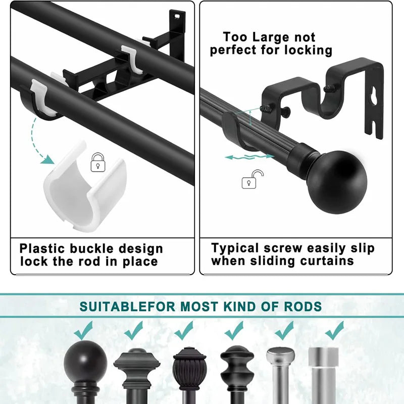 Two black aluminum curtain rod brackets and a rod with a plastic buckle design for securing rods.