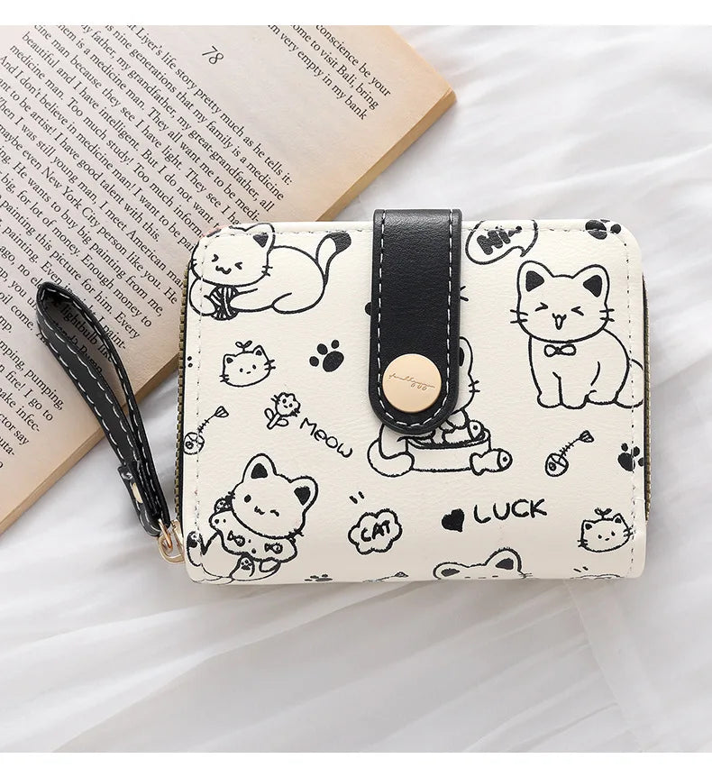 Cute Cat Face PU Leather Coin Purse with Wrist Strap