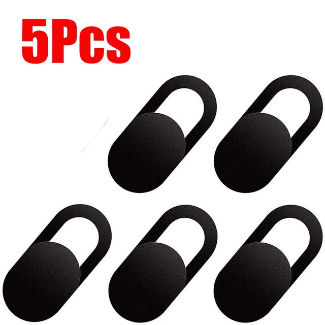 Five black privacy webcam cover sliders for laptops and mobile devices