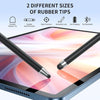 A black stylus with a silver tip is shown interacting with a tablet screen, demonstrating its precision and smooth line capab
