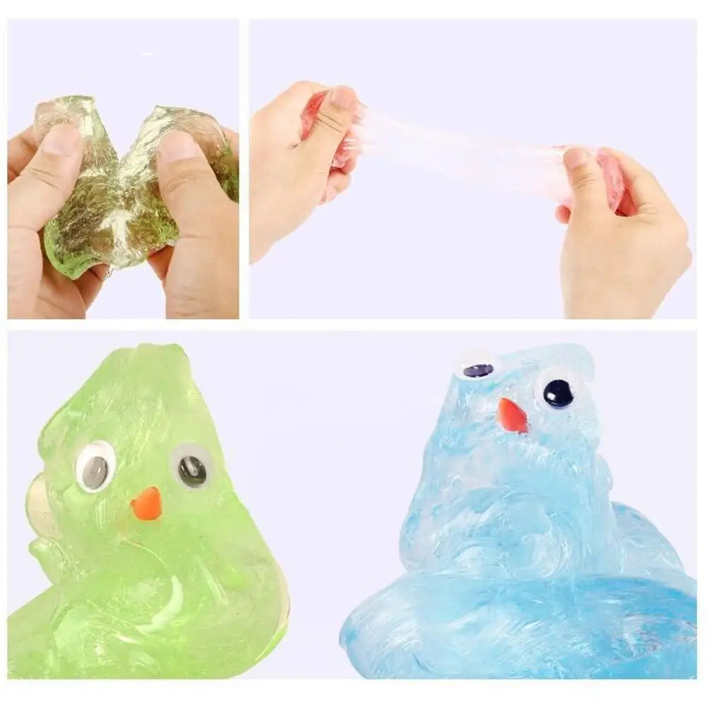 Hands are squeezing green stress putty, and a light-colored putty is being stretched between two hands.
