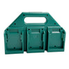 A teal battery storage case with a carry handle featuring three compartments for holding batteries.