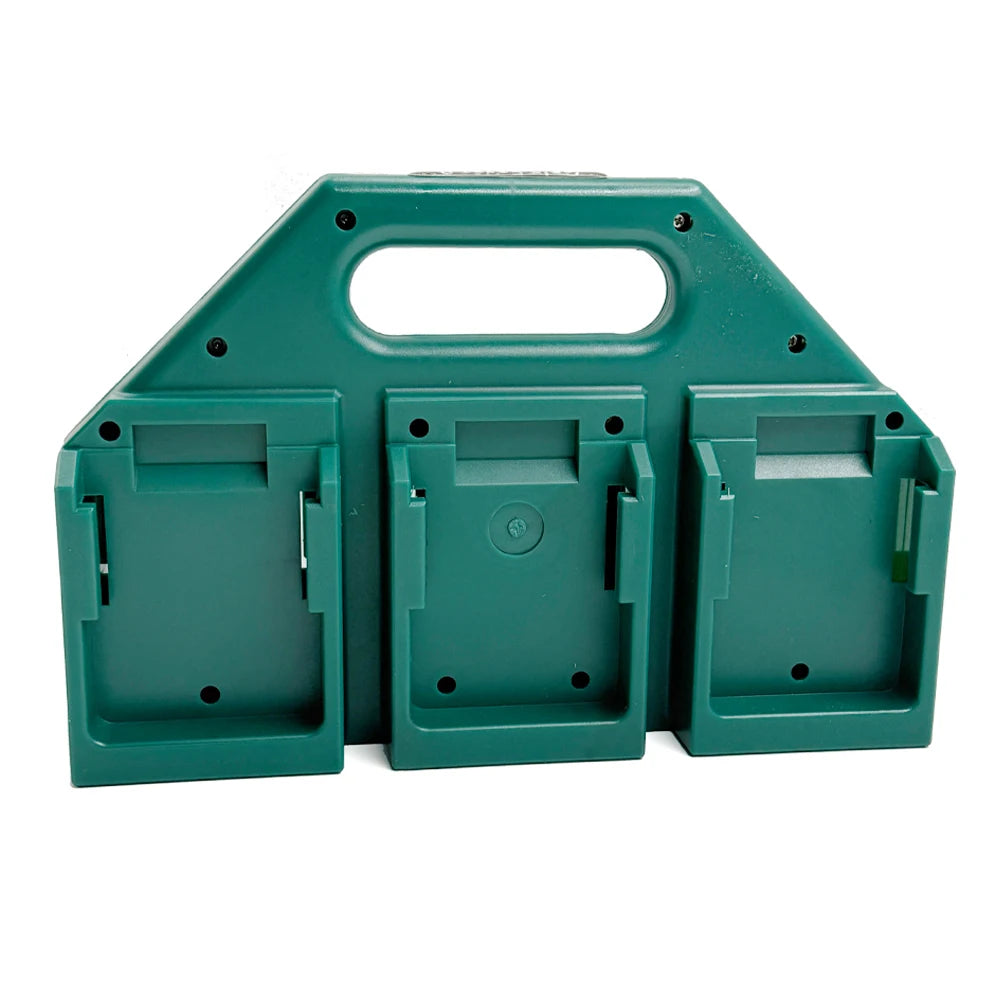 A teal battery storage case with a carry handle featuring three compartments for holding batteries.
