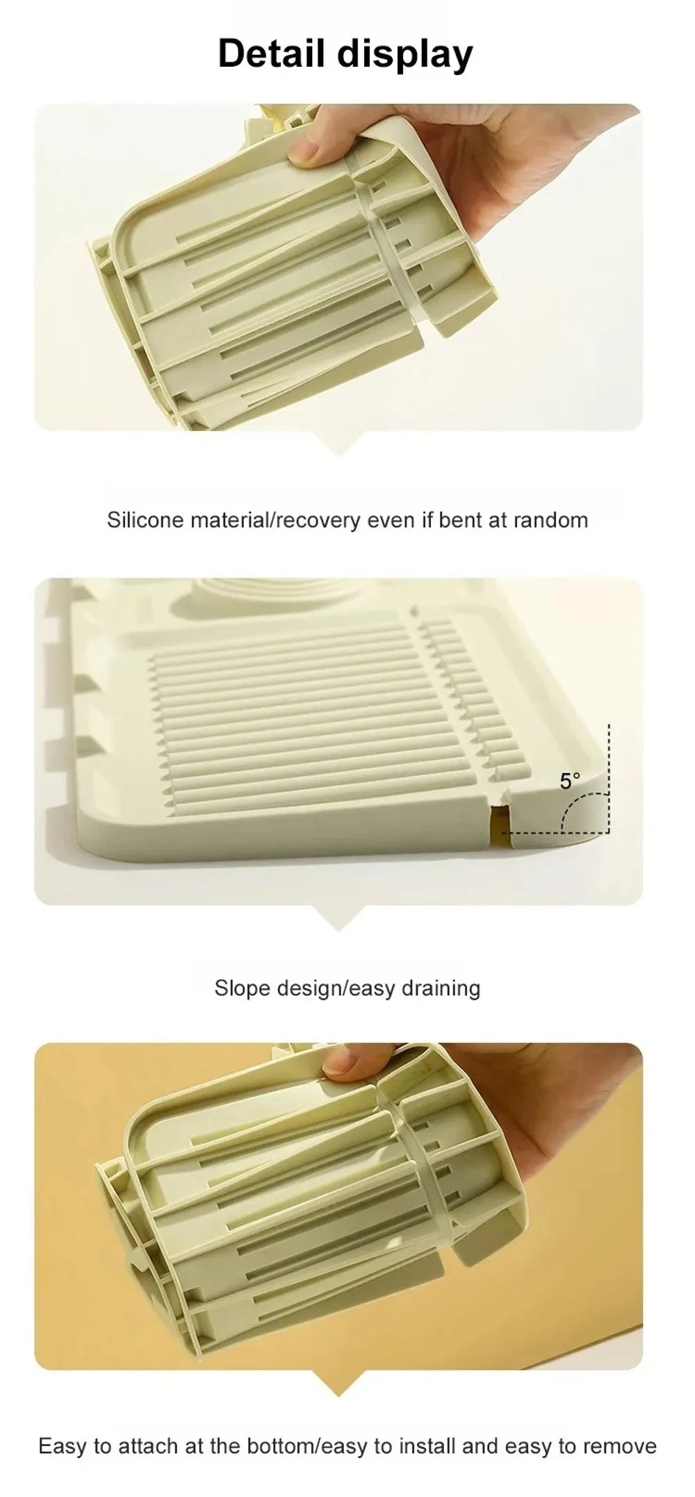 Detail display of a silicone faucet draining mat showing its structure and features.