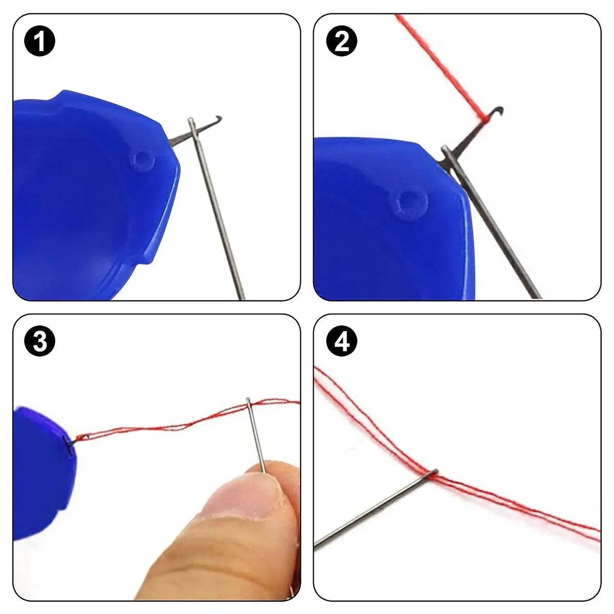 Four steps showing how to use a 6-piece needle threader set for hand and machine sewing.