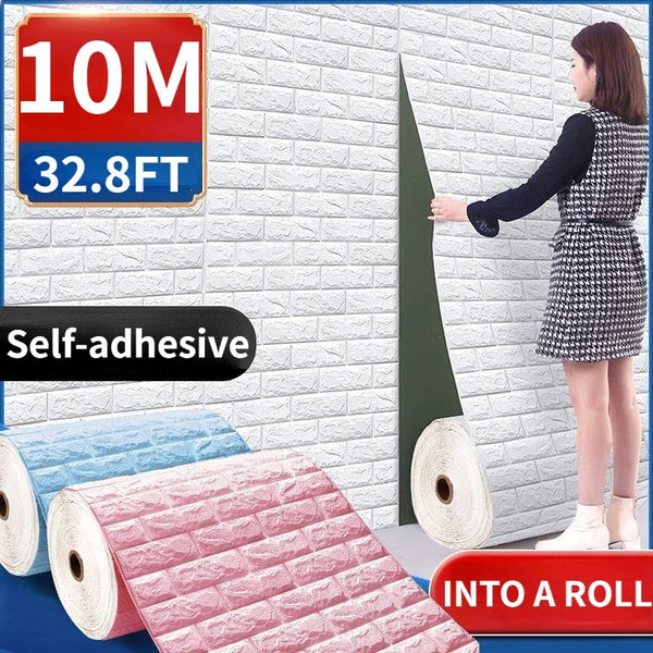 Roll of self-adhesive 3D foam brick wall decals measuring 10 meters or 32.8 feet