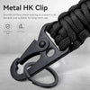 A close-up of a black metal HK clip attached to a thick black paracord rope.
