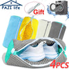 Four reusable mesh laundry bags filled with yellow and gray scrub brushes and white athletic shoes