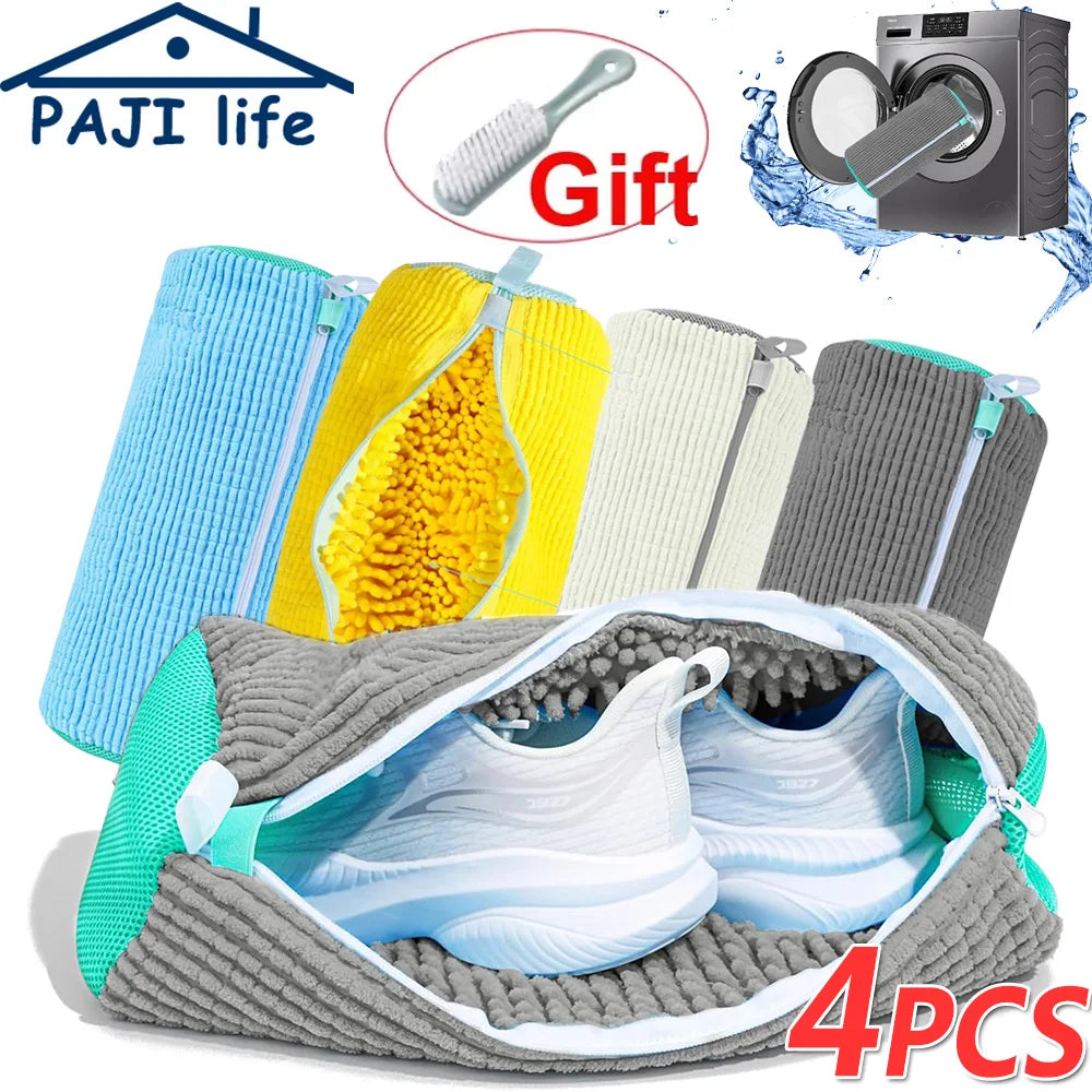 Four reusable mesh laundry bags filled with yellow and gray scrub brushes and white athletic shoes
