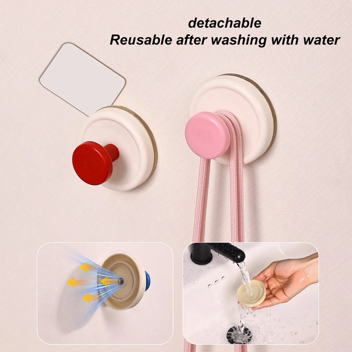 Detachable reusable suction cup hooks for hanging items like keys and towels