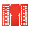 A red portable clothes folding board with multiple circular holes for laundry organization.