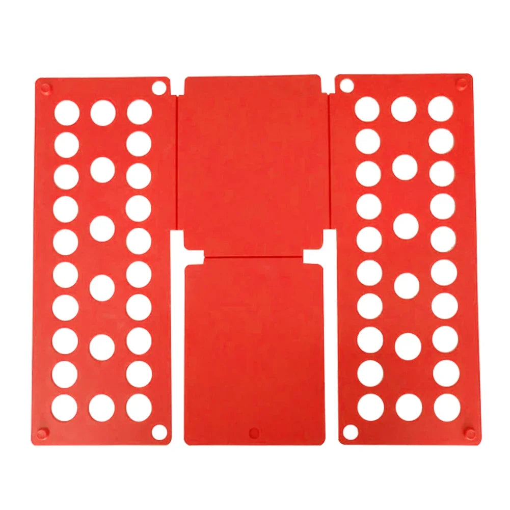 A red portable clothes folding board with multiple circular holes for laundry organization.