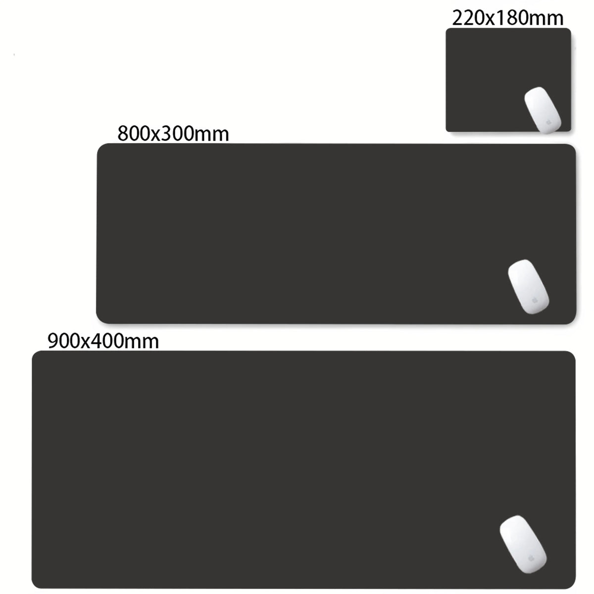A set of oversized non-slip desk mats in black, showing various sizes like 220x180mm, 800x300mm, and 900x400mm.