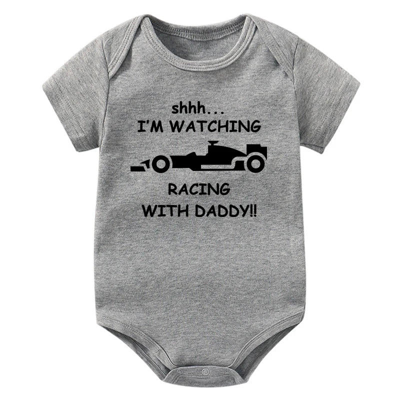 Funny Racing Baby Bodysuit - 'Watching Racing with Daddy' Newborn Romper