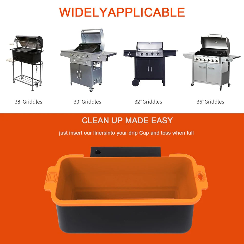 Reusable silicone grease liners for griddle pans shown in an orange and black rectangular pan.