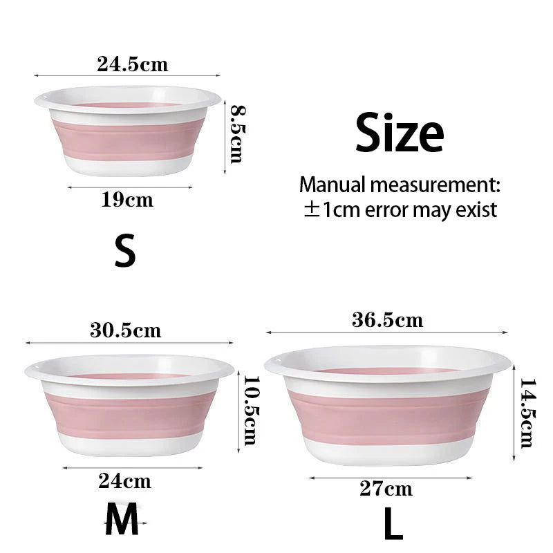 Three sizes of pink and white foldable plastic wash basins labeled S, M, and L with corresponding dimensions.