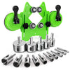 A green precision diamond hole saw kit with suction cup guides and various drill bits.
