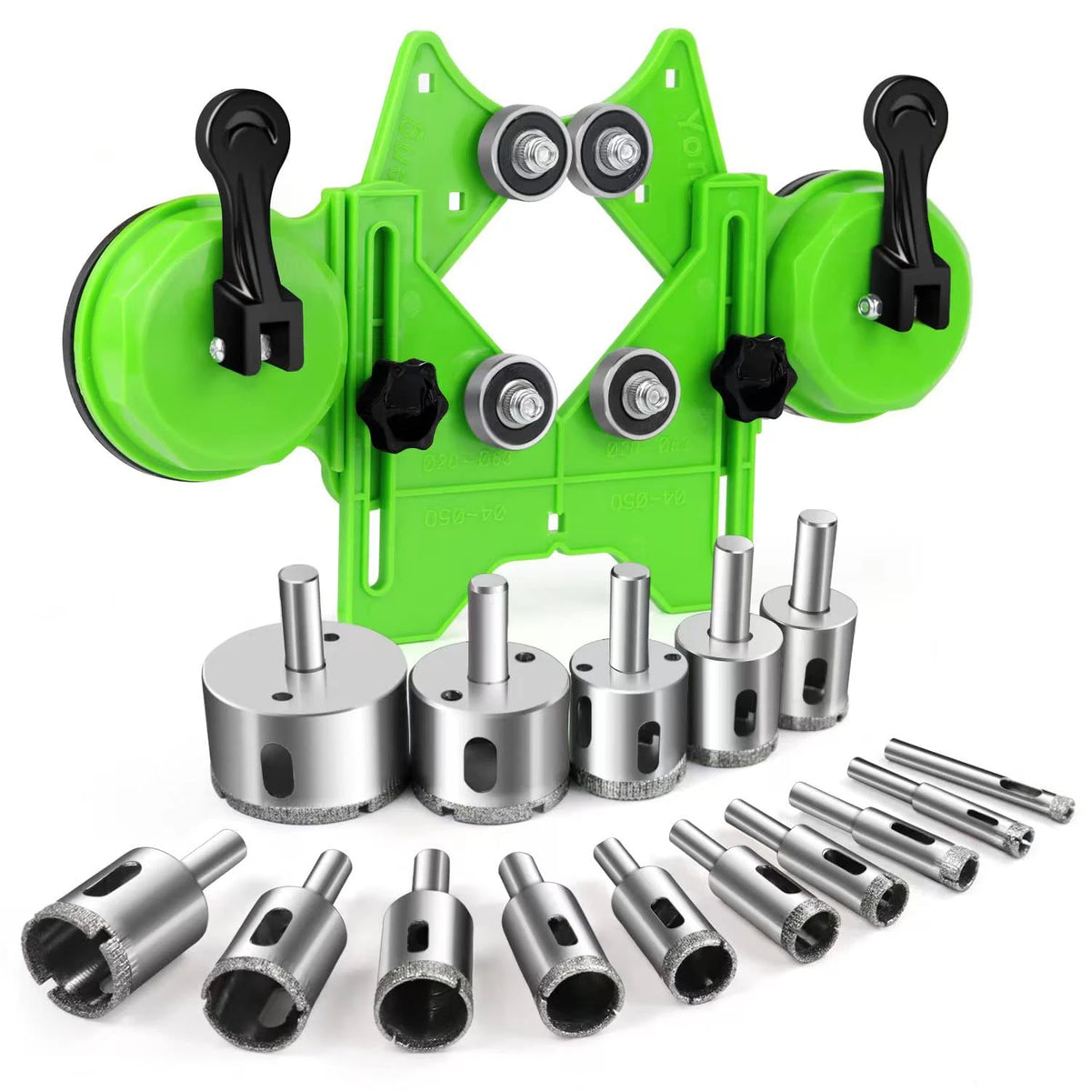 A green precision diamond hole saw kit with suction cup guides and various drill bits.