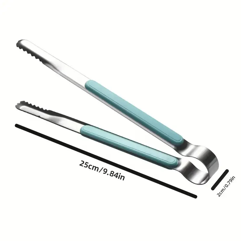 A pair of stainless steel BBQ tongs with a light blue handle shown diagonally.