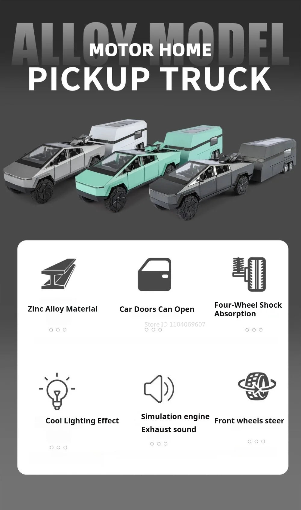 1:24 Diecast Pickup Truck and RV Camper Set with Lights and Sounds