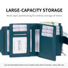 A dark green RFID-blocking multi-layer storage wallet showing various items like cards and coins.