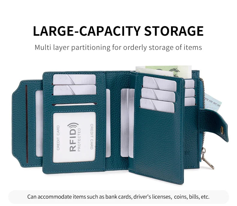 A dark green RFID-blocking multi-layer storage wallet showing various items like cards and coins.