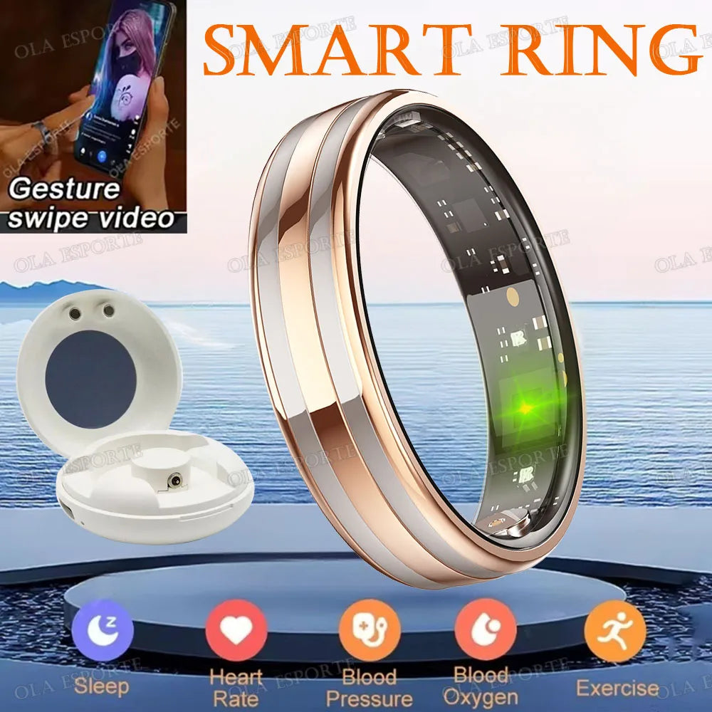 A close-up view of a rose gold smart ring and its charging case, demonstrating gesture swipe video functionality.