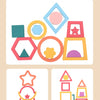 A collection of colorful wooden geometric shapes including triangles, squares, hexagons, circles, and stars.