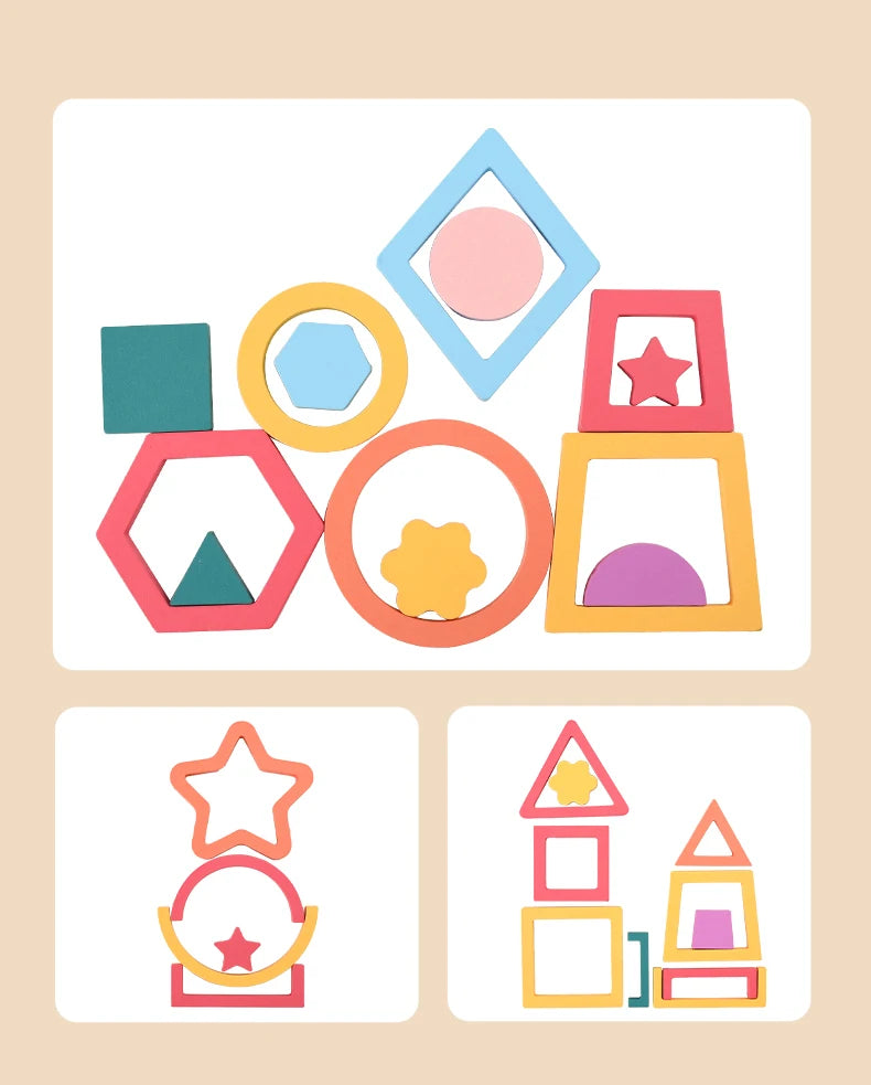 A collection of colorful wooden geometric shapes including triangles, squares, hexagons, circles, and stars.